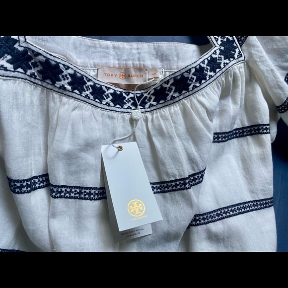 NWT Tory Burch Embroidered Midi Dress, Linen Blend, Ivory & Navy, Size M - Picture 8 of 11